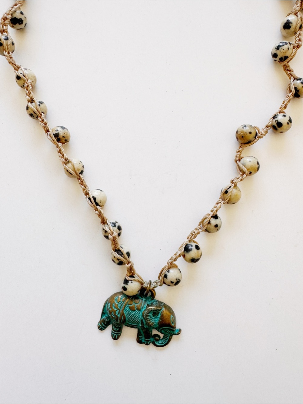 Boho Patina Elephant Pendant Necklace in Turquoise and Cream